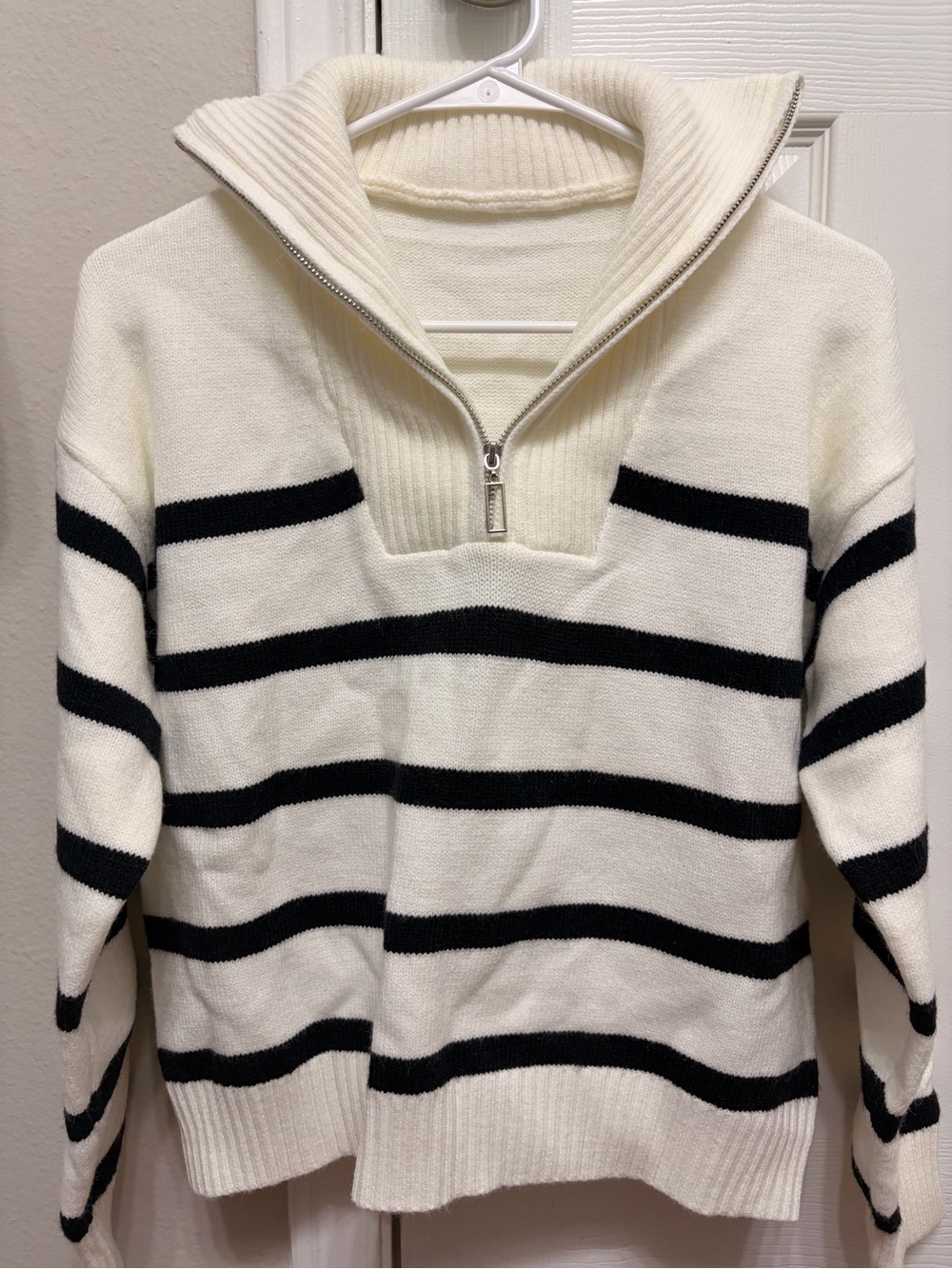 SHEIN Cream and Black Striped Half-Zip Sweater - never worn
